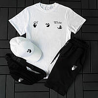 Мужской комплект летний Off-White. Белая футболка, черные шорты, кепка, бананка