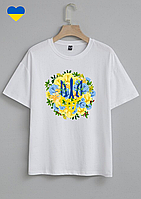 Жіноча футболка оверсайз із яскравим принтом Герб із квітами біла,подовжені футболки зі своїм малюнком