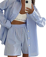 Женский костюм рубашка и шорты, 42/46 one size, голубой, ткань лен полоска