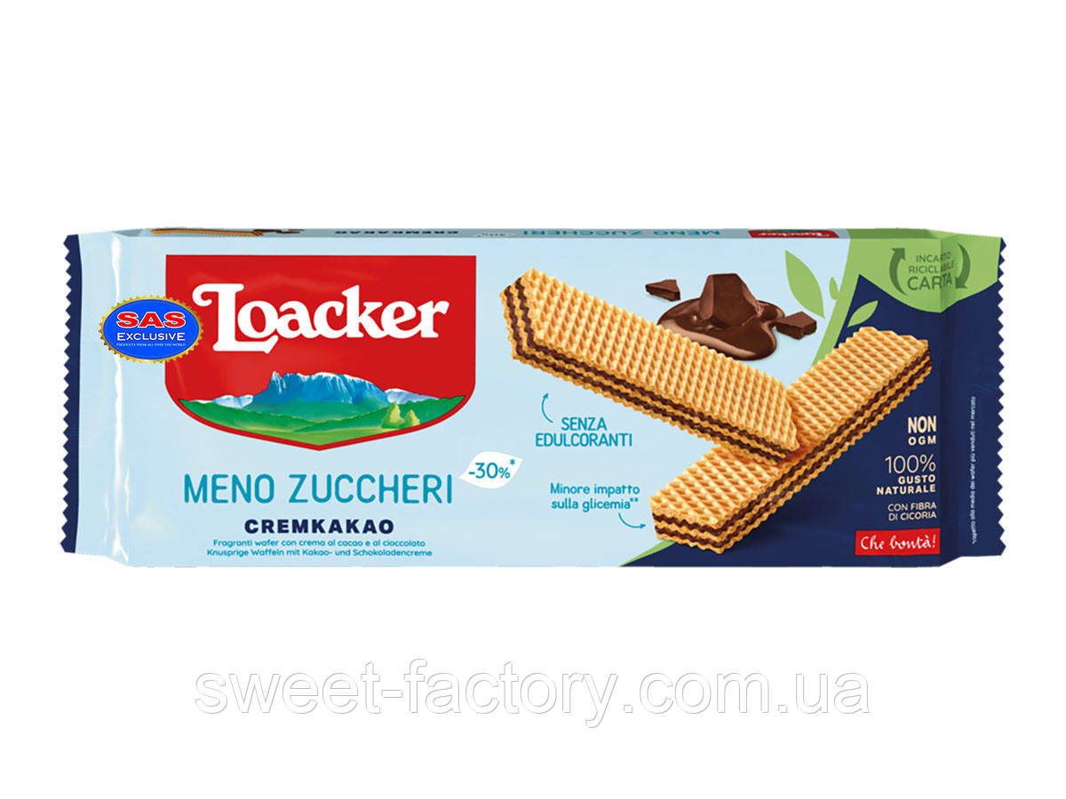 Вафлі Loacker Meno Zuccheri Creamkakao без цукру 175 g, фото 1