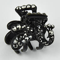Заколка краб металлический фирмы Zaya черного цвета павлин с серыми переливающимися стразами размер 20Х20х20мм