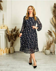 Шифонова жіноча сукня "Белла" синього кольору з квітковим бежевим принтом розмір  44-46.