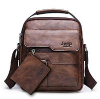 Мужской набор темно-коричневая сумка и кошелек 2в1 для парня, мужчины экокожа