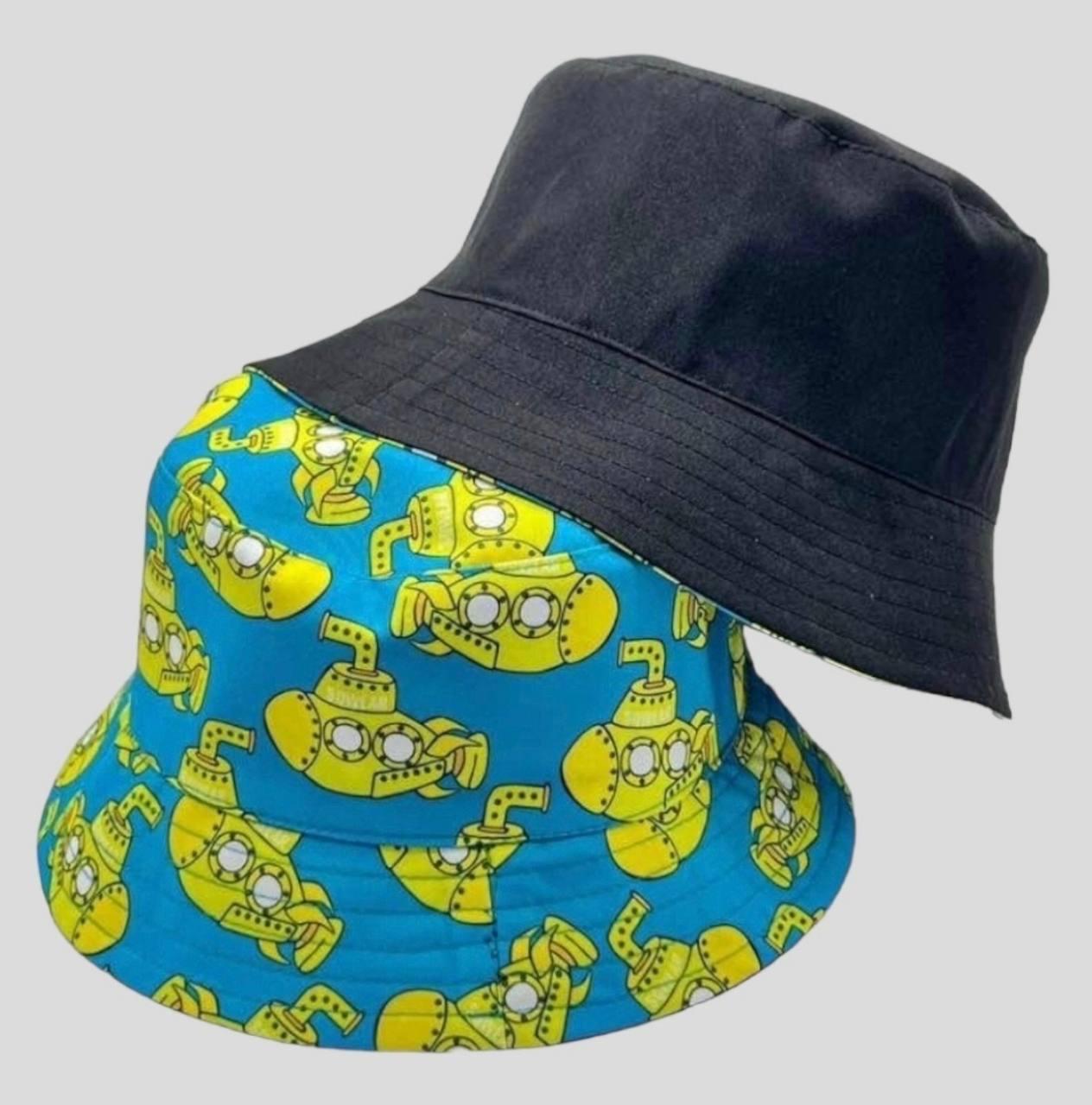 Двостороння літня панама Унісекс (Розмір М) з принтом і однотонна, Чорна/Блакитна з принтом