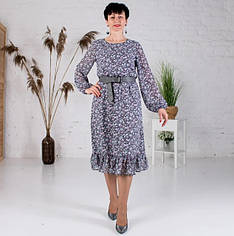 Святкова шифонова жіноча сукня "Белла" сірого кольору з довгим рукавом розміри  52-54, 56-58.