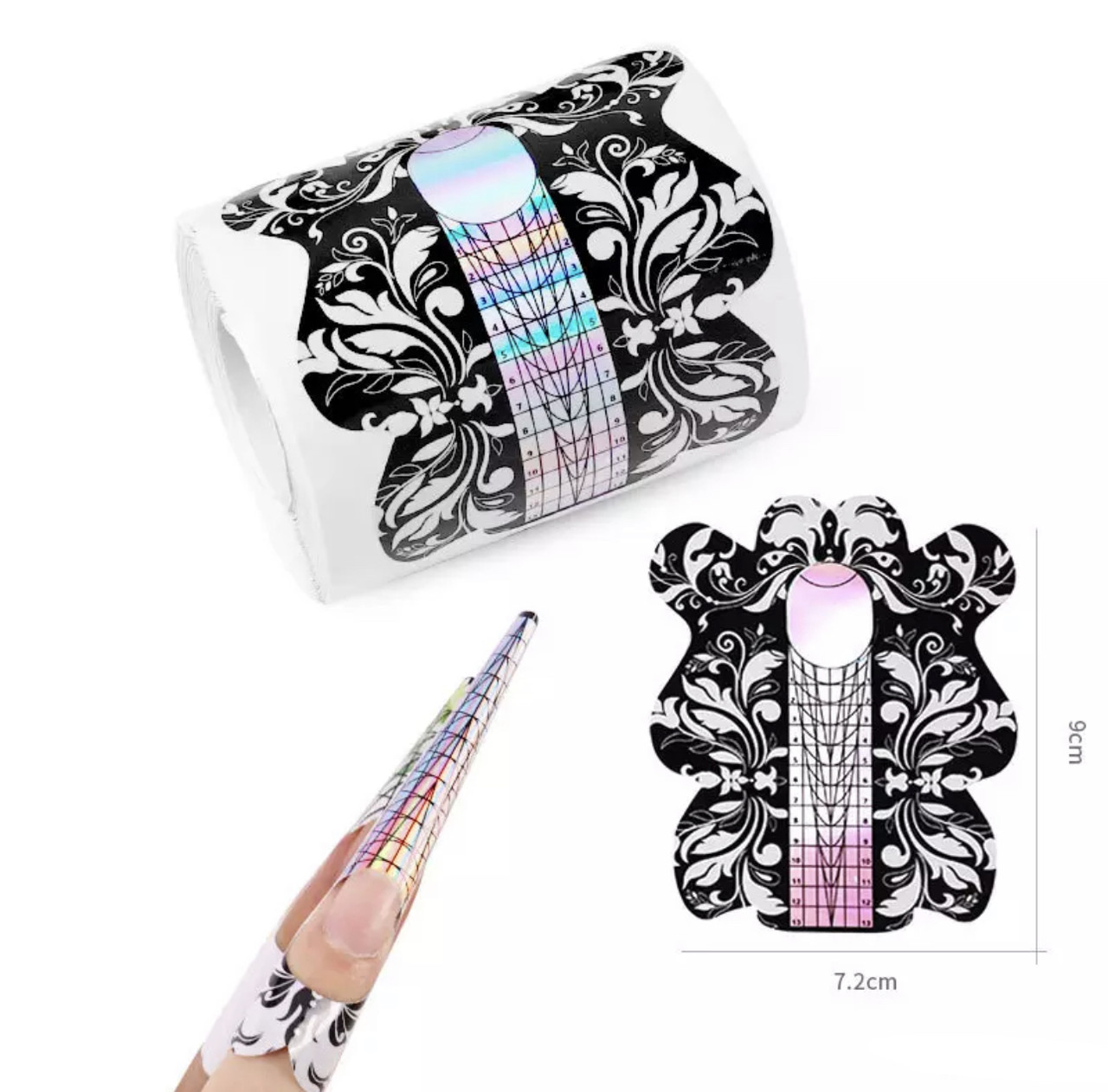 Одноразові форми для нарощування нігтів "Чорні з візерунком" – рулон 300 шт., фото 1