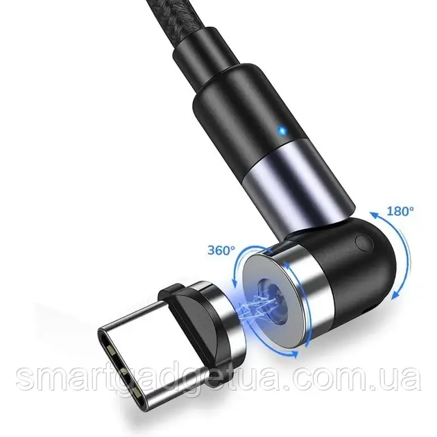 Магнітний поворотний кабель TOPK AM59 LED/USB Type-C для заряджання 1m 2.4A Black 540°