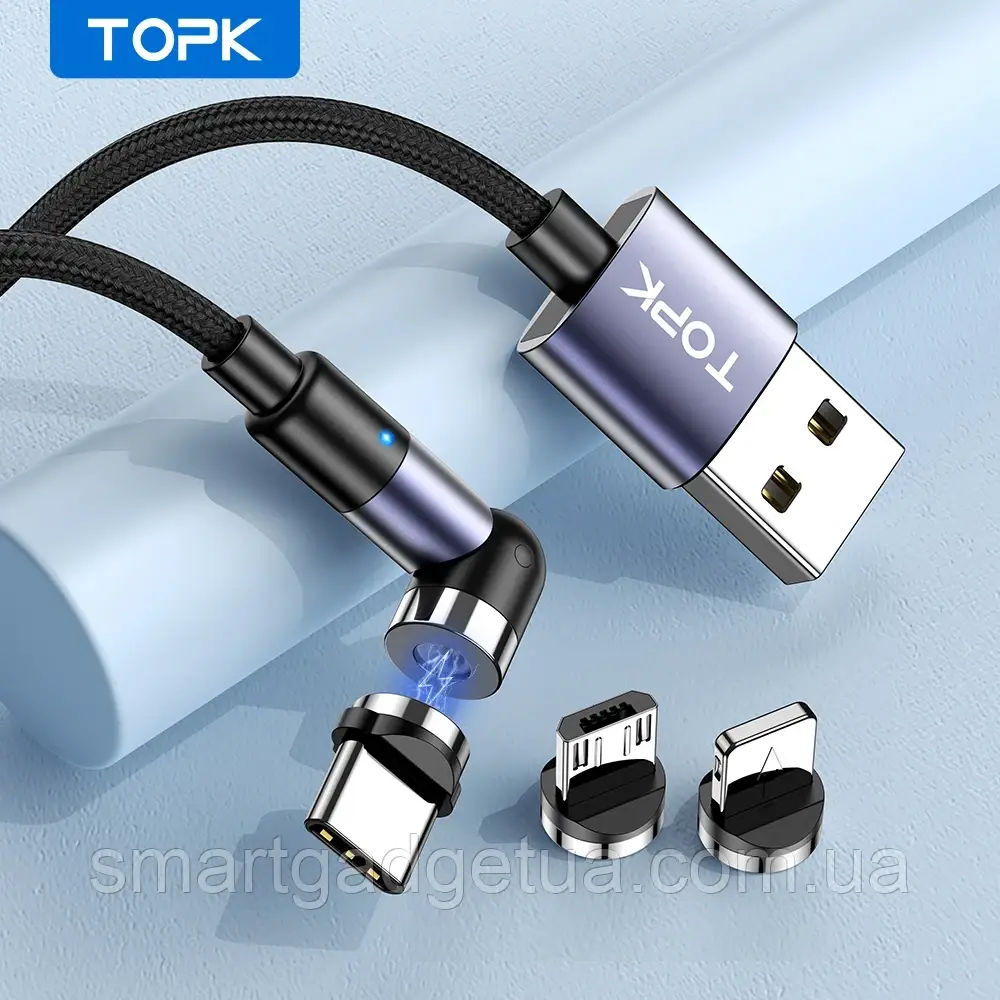 Магнітний кабель для заряджання TOPK AM59 LED/3 в 1(Lightning(iPhone), micro USB, T-C) 1m 2.4A Black 540°