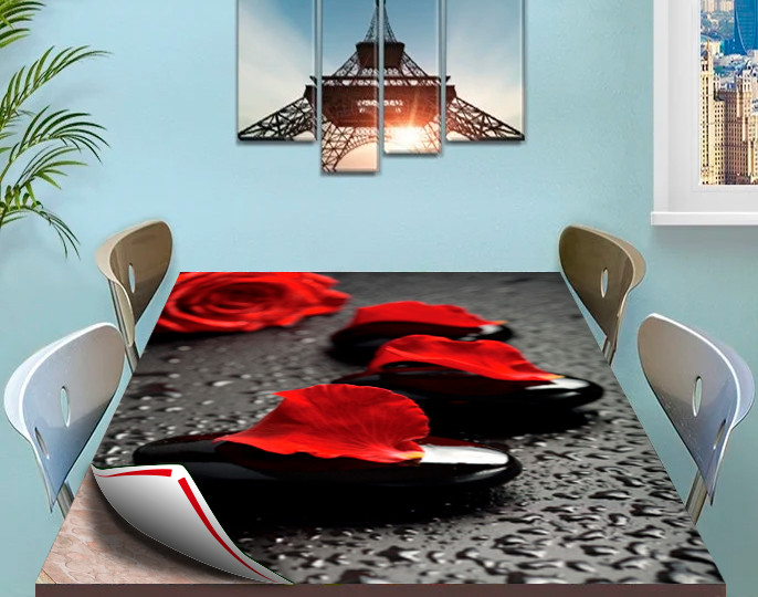 Покриття для столу, м'яке скло з фотодруком, Пелюстки троянди на камені 60 х 100 см (1,2 мм)