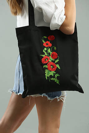 Повсякденна еко-сумка з вишивкою "Макі" у чорному кольорі., фото 2