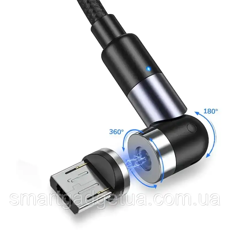 Магнітний поворотний кабель TOPK AM59 LED / micro USB для заряджання 1m 2.4A Black 540°