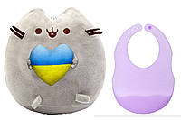 Мягкая игрушка Пушин кэт с сердцем Серый и слюнявчик полупрозрачный Фиолетовый (n-10396)