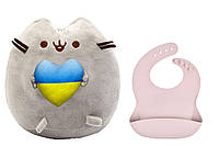 Мягкая игрушка Пушин кэт с сердцем Серый и силиконовый слюнявчик Y26 (n-10398)