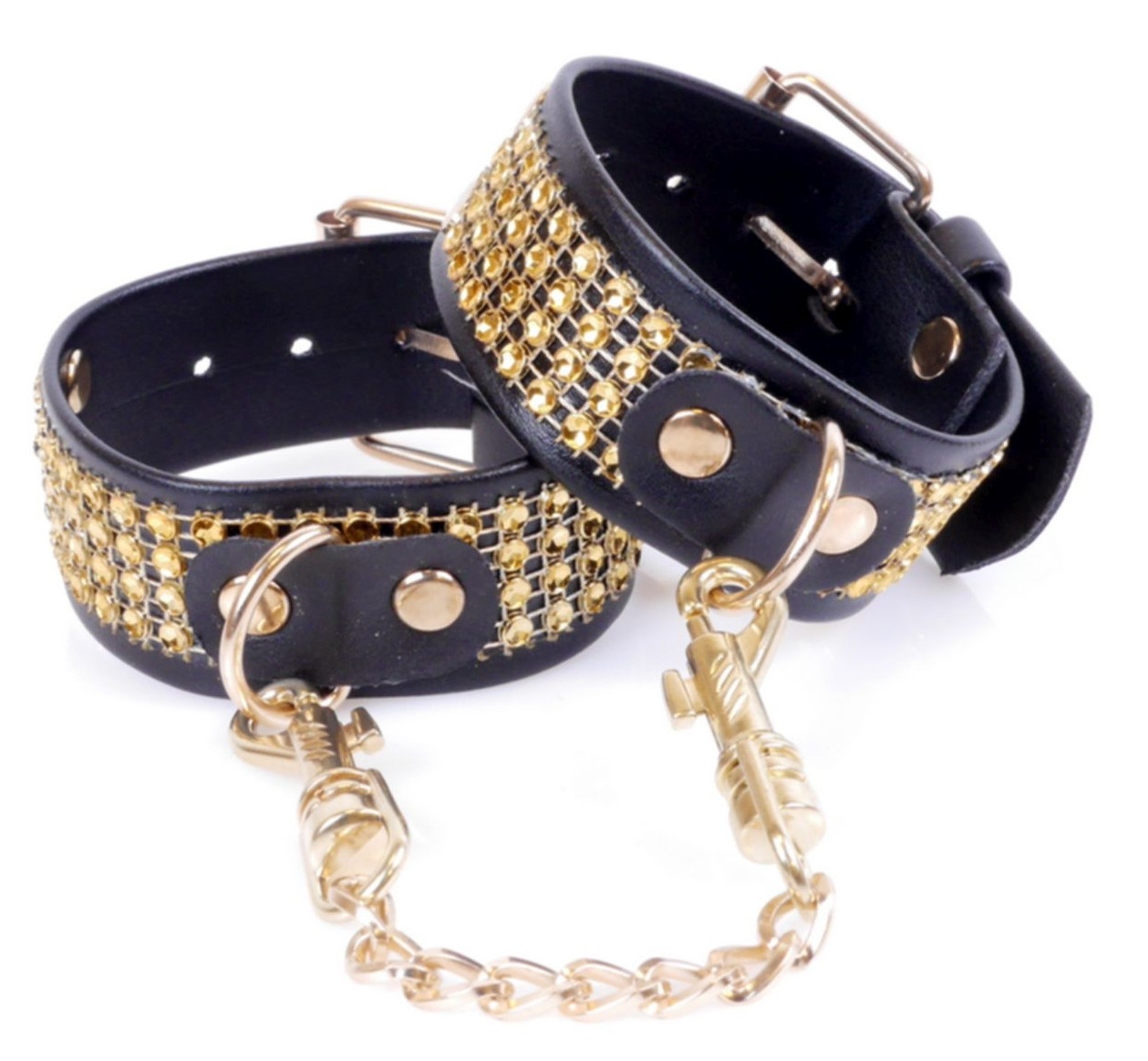 Наручники БДСМ із штучної шкіри із кристалами золотистого кольору Fetish Boss Series Кайф, фото 1