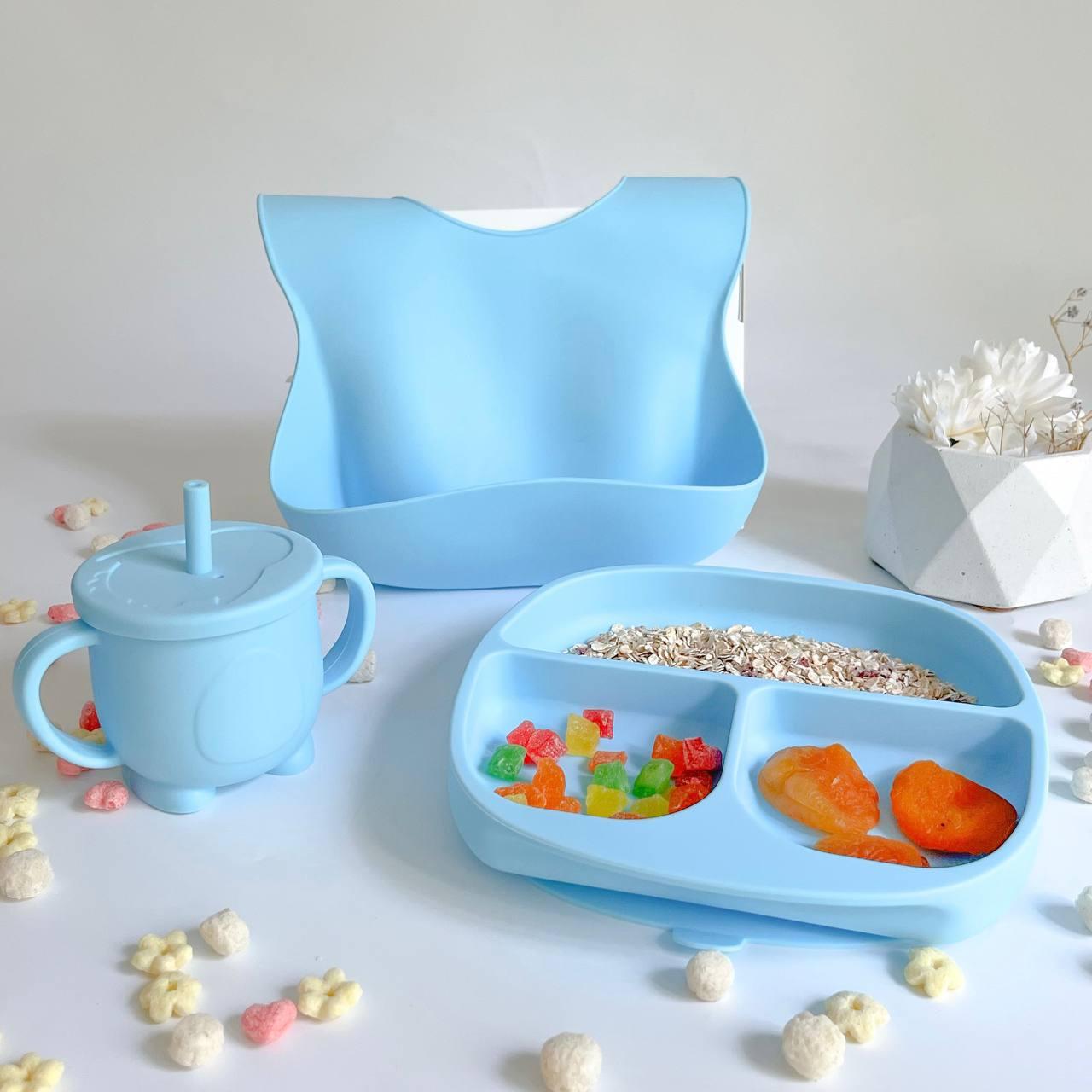 Силіконова секційна тарілкана присосці, нагрудник, поїльник з трубочкою/ дитяча для прикорму, фото 1