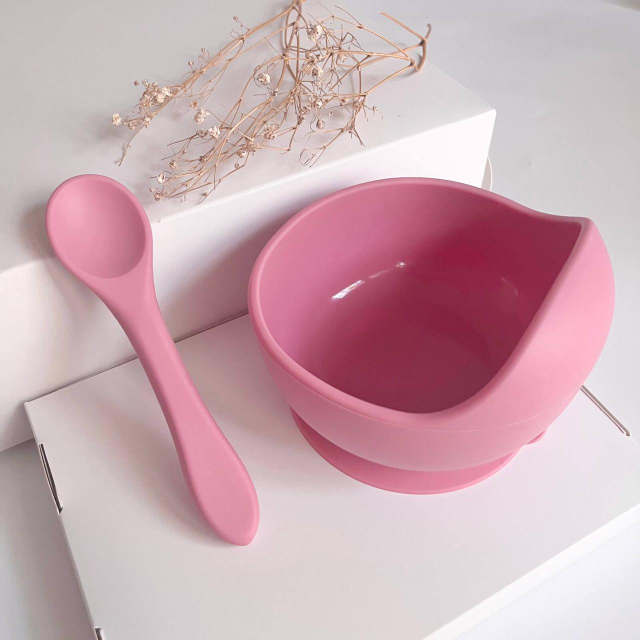 Силіконова дитяча тарілка на присосці з бортиком + ложка (блаш), фото 1