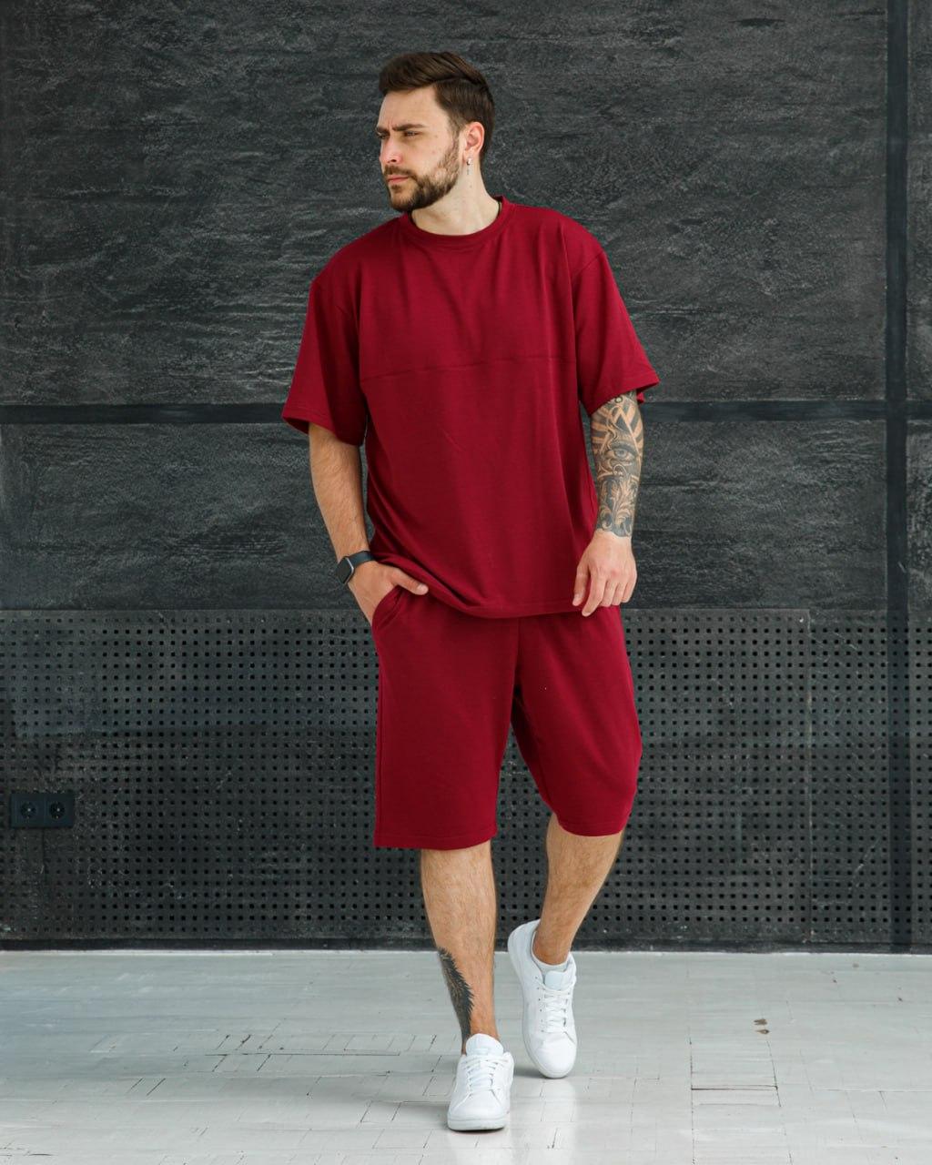 Чоловічий літній костюм оверсайз Футболка та Шорти бордовий Спортивний костюм на літо, фото 1