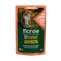 Monge Cat Wet Bwild Grain Free Sterilised консерва для стерилизованных котов с лососем и креветкой 85 г