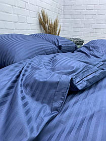 Комплект постільної білизни Страйп сатин Темно-синій Полуторний розмір 150х220