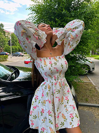 Квіткова жіноча міні сукня Ksenia з об'ємними рукавами з мусліну Smdv8459, фото 1