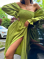 Эффектное женское платье миди Милена с открытыми плечами, объемными рукавами и разрезом Smdv7624