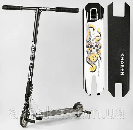 Анодований трюковий самокат срібний Кракен Best Scooter HIC, Пеги, алюмінієвий диск і дека, фото 1