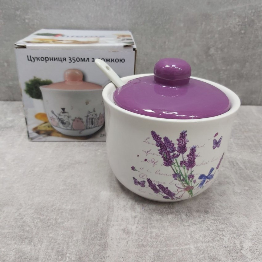 Цукорниця керамічна з ложкою 350 мл  "Лаванда" Interos ZFC045 LV, фото 1