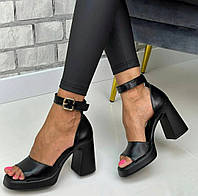 Босоножки женские стильные на каблуках натуральная кожа цвет черный размер 37 (24 см) (48602)