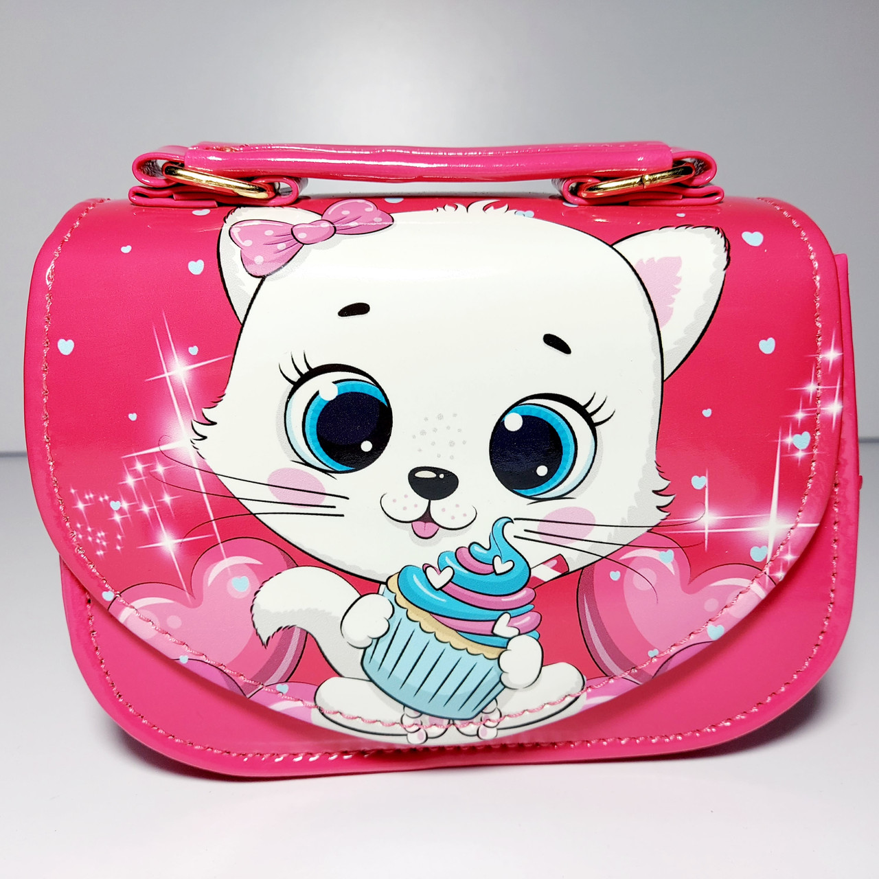 Дитяча лакова сумочка малинова кішечка довга та коротка ручки, фото 1