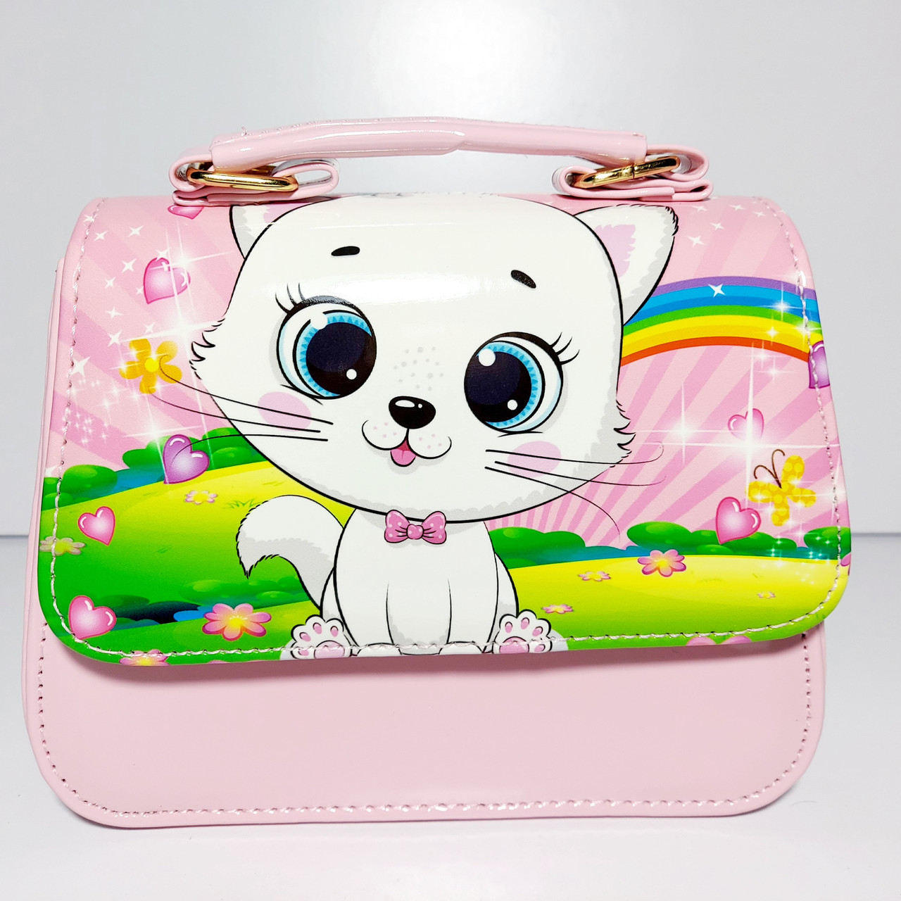 Дитяча сумочка лакова рожева кошеня з веселкою, фото 1