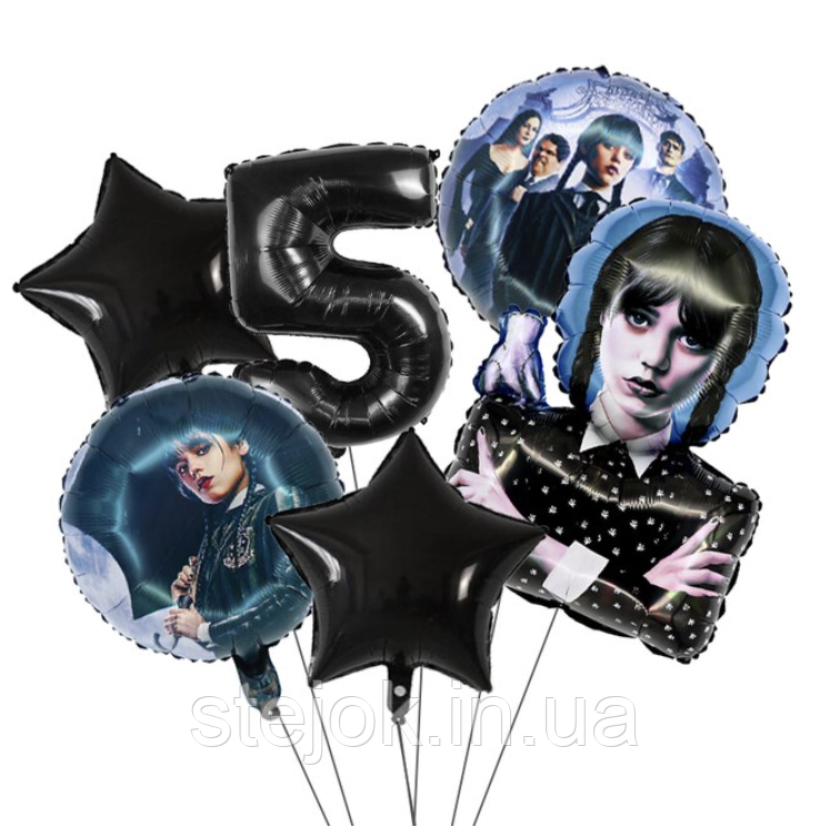 Набір куль для дитячого дня народження "Венздей" із чорною цифрою, фото 1