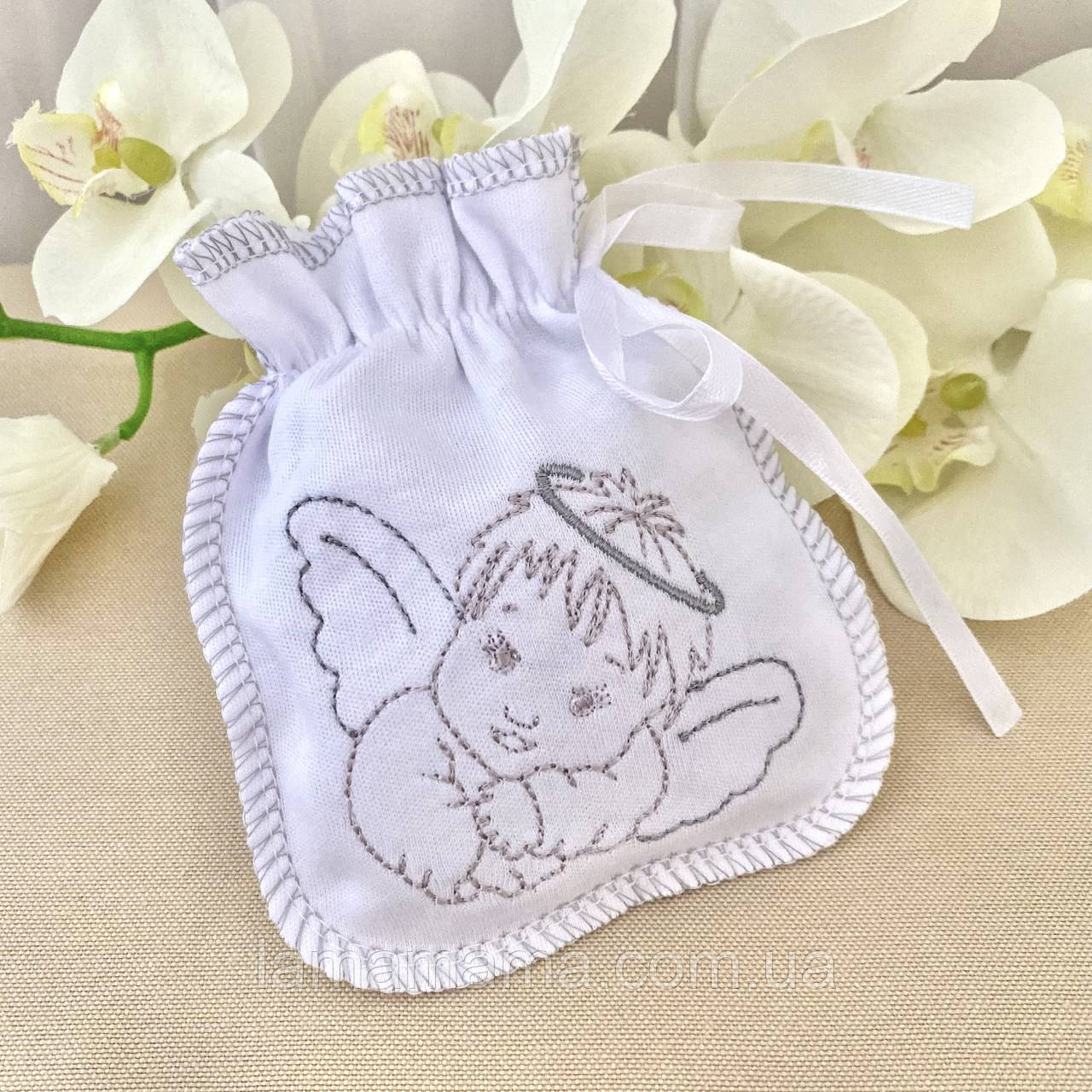 Хрестильний мішечок для першого локона "Маленькі янголята" Білий/Срібло Betis, фото 1