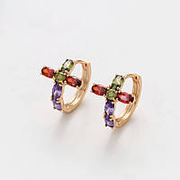Серьги-кольца с разноцветными кристаллами фирма Xuping покрытие золотом 18к.