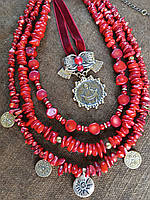 Бусы и Дукач из натурального красного коралла латуни и бронзы в этно стиле.