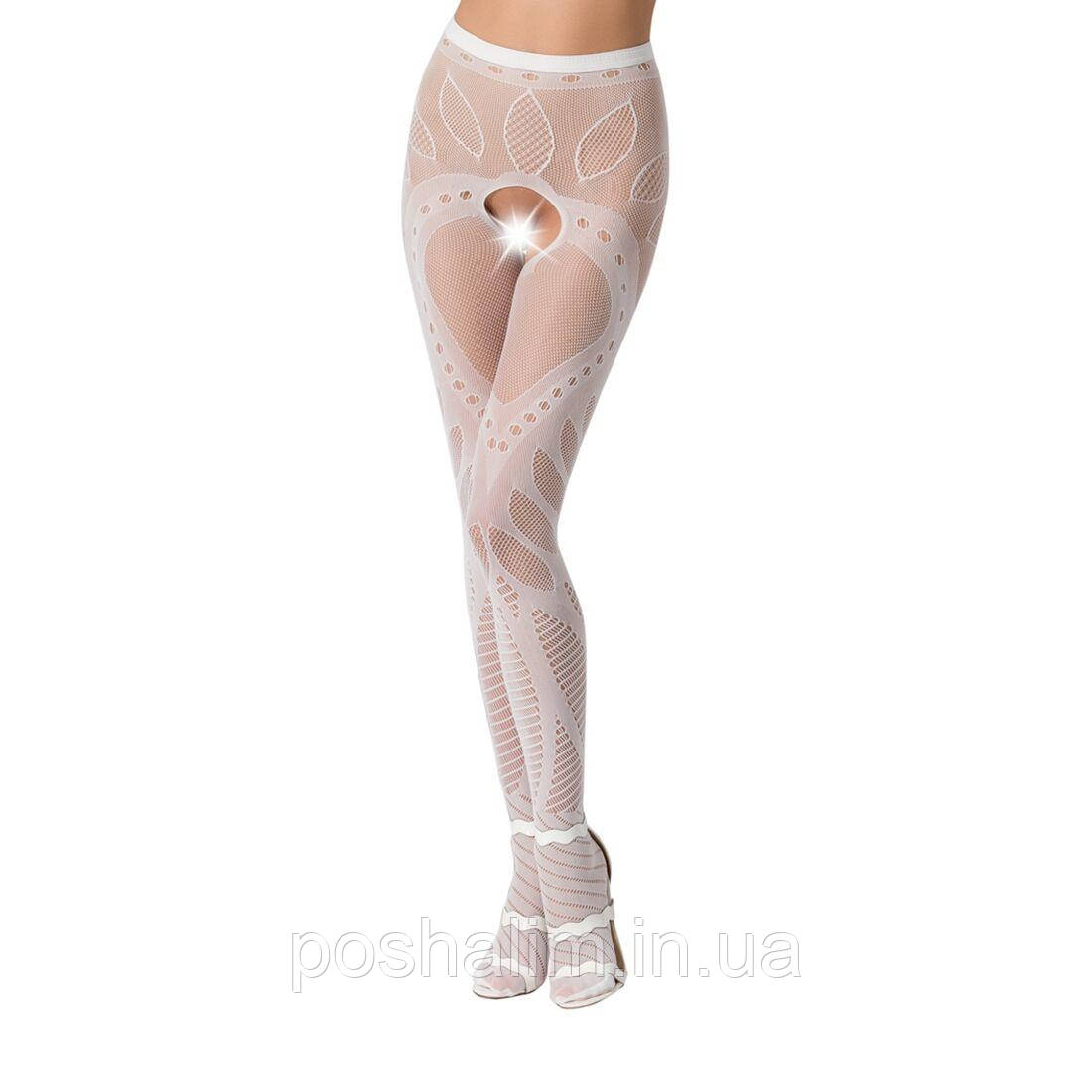 Еротичні колготки-бодистокінг Passion S007 white, красиві ажурні колготки з вирізом, фото 1