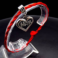 Браслет красная нить оберег от сглаза с кулоном *Сердце* цвет металла: серебро, размер: универсальный 12-19см