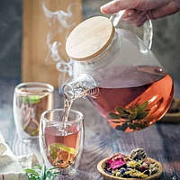 Чайник стеклянный "Стокгольм", 1800 мл из жаропрочного стекла с бамбуковой крышкой