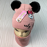 М 91033. Комплект зимовий для дівчинки шапка із зав'язками та баф "Мікі-only One", різні кольори (1-7 років), фото 5