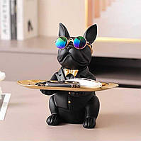 Статуэтка собака-бульдог стоя в очках с подносом. Органайзер французского бульдога для интерьера BDG 1