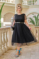 Красивое платье под пояс большого размера Ткань:сетка горох пояс в комплекте Размер: 50-52,54-56,58-60