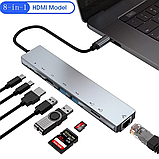 USB-розгалужувач для MacBook Type-C на 8-Port USB TypeC 3.0 Mini Hub SD, TF, RJ 45, фото 2