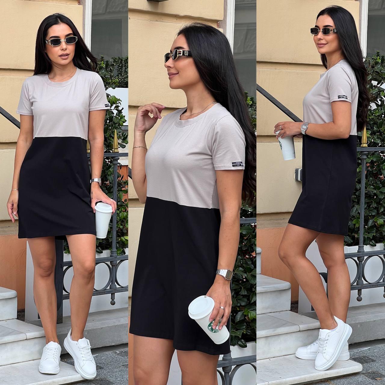 Коротке двоколірне плаття футболка приталеного фасону з короткими рукавами ( р. 42-50) 52035326, фото 1