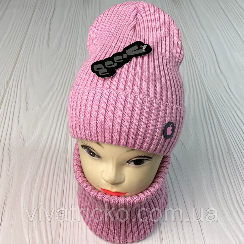 М 91054 Комплект для дівчинки-підлітка шапка будиночок і снуд "ЯБЛУКО" 3-15 років, різні кольори