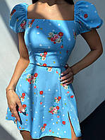 Цветочное мини платье со шнуровкой на спине короткими рукавами и расклешенной юбкой (р. S, М) 66035328Е