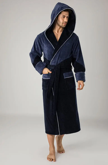 Чоловічі халати з капюшоном махровий домашній, халати для чоловіків на запах велюр з довгим рукавом Темно-синій