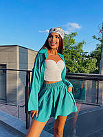 Изумрудный летний красивый женский свободный повседневный костюм из жатого льна: рубашка на пуговицах и шорты