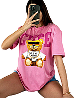 Женская футболка, S-L (единый), розовый, ткань коттон, оверсайз, удлиненная