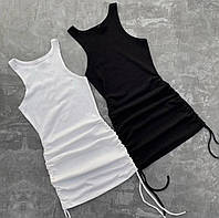 Женское базовое,короткое,летнее,однотонное мини платье в рубчик,без рукавов,на затяжках,в расцветках,42-46