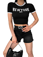 Женская укороченная футболка-топ, S-М,М-L, черный, ткань трикотаж рубчик, с надписью, не парит