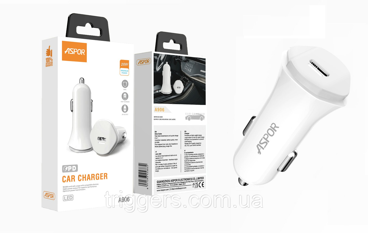 Автомобільний зарядний пристрій (АЗУ) 20 W ASPOR A906 3.0 USB
